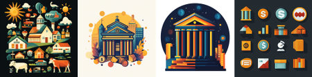A captivating vector illustration vividly represents the Western market economy through stylized financial charts, trade symbols, and abstract icons, making it perfect for marketing, editorial, and digital platformsのイラスト素材
