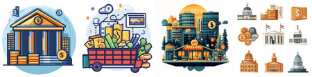 An engaging vector illustration depicts the Western market economy using intricate financial icons, detailed graphs, and creative symbols that blend modern design with a dynamic editorial style.のイラスト素材