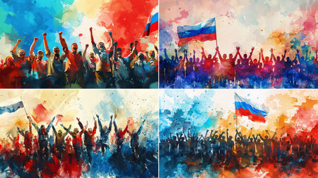 vector A vivid vector illustration showing a jubilant crowd of Russian citizens celebrating a monumental resignation event. The image captures dynamic expressions and fervent enthusiasm in a modernのイラスト素材