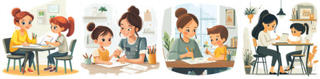 Vector depiction of a determined mother overseeing her child's homework with a firm, unsmiling gaze, emphasizing structured discipline and careful guidance in a home setting that reflects classicのイラスト素材