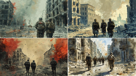 Vector portrayal of Soviet soldiers donning authentic Russian pilotka hats, exuding determined pride and resilience while standing in a composed military formation that reflects historical valorのイラスト素材