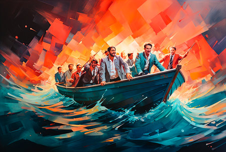 The leader's journey depicted in a unique and creative way. Motivating images for business leaders to overcome challenges. Heroic masculinity symbolizing strength.の素材