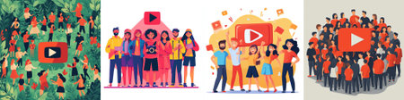 vector This vibrant vector illustration depicts a wild celebration of media, featuring animated...