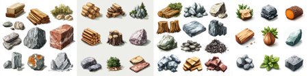 A detailed vector illustration of various natural resources including types of wood, ores, rocks, and minerals arranged in an organized, grid-style layout.のイラスト素材