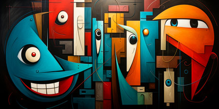 Vector Cubism-style abstract illustration depicting diverse characters, musical instruments, festive atmosphere, joyful expressions, rich colors, lively energy.のイラスト素材