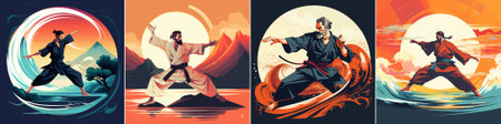 Vector image showing a martial arts practitioner in Aikido attire performing a poised stance in a stylized outdoor setting, surrounded by mountains, waves, and the sun.のイラスト素材