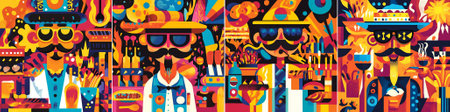 Vector artwork showing a groovy chef with bold shades cooking barbecue in a vibrant explosion of colors, summer food, and flaming grill elements.のイラスト素材