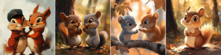 A painting style vector illustration of adorable chipmunks sharing acorns in a golden autumn forest, radiating warmth, innocence and seasonal woodland magic.のイラスト素材