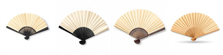 vector A variety of hand-held folding fans in beige and wooden tones, depicted in minimalist vector style. Ideal for cultural, traditional, or fashion-themed graphic design uses.のイラスト素材