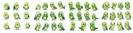 vector A cheerful collection of cartoon green parrots in various fun and playful poses. Each parrot has a unique expression, perfect for kids' designs and stickersのイラスト素材