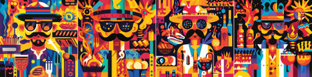 Vector illustration of a funky barbecue master in a colorful groovy style, surrounded by grilled meats, flames, condiments, and funky patterns bursting with summer vibes.のイラスト素材