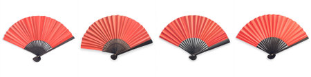 Vector set of striking red hand fans, minimalist aesthetic on a clean white background, showcasing traditional yet modern designs perfect for events, fashion illustrations, or elegant branding.のイラスト素材