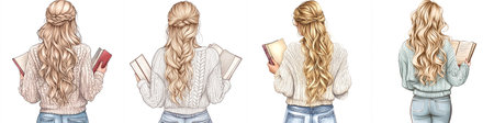Vector illustration of a young woman from behind with long wavy blonde hair, casual knitted sweater, holding books, cozy reading scene, soft colors ideal for lifestyle, educational content.のイラスト素材