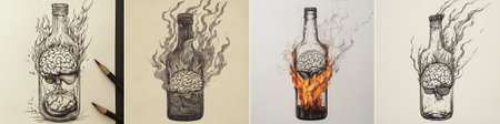 Vector black-and-white sketch showing a burning glass bottle containing a brain, symbolizing intense mental strain or creative combustion with vintage ink style.のイラスト素材