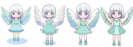 Chibi-style vector drawing of a cute angel with big purple eyes and feathery wings in a light blue dress. Bright and cheerful character design for all ages.のイラスト素材