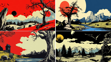 vector illustration reimagines the rural landscape with precise engraving techniques, harmonizing intricate linear details with a modern interpretation that evokes the timeless charm of natureのイラスト素材