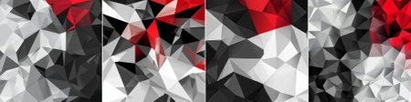 A modern low-poly vector background with sharp triangular facets in shades of grey, charcoal, white, and striking red highlights, perfect for dynamic design themes.のイラスト素材