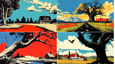 vector A vibrant, detailed vector landscape featuring a country home, large trees, and dramatic red roads under stylized skies. Perfect for rustic or Americana-themed design.のイラスト素材
