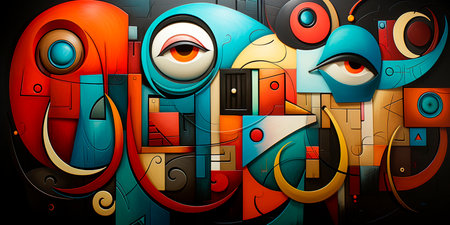 Vector Cubism-inspired artwork depicting abstract faces with expressive eyes, geometric shapes, vivid color blocks, and whimsical playful expressions.のイラスト素材