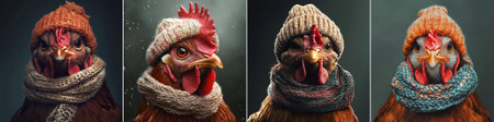 vector A grumpy-looking chicken wearing a knitted hat exudes quirky charm and humorous character. The detailed depiction combines rustic farm life with a touch of eccentric style and playful attitude.のイラスト素材