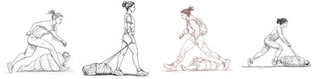vector Lineart sketches of a woman in active motion dragging a cocooned figure across the ground, suggesting strength, urgency, or rescue in a minimalistic style.のイラスト素材