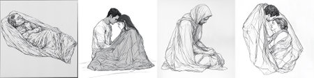 vector Emotional line drawing of a man's body cocooned in a large sheet, lying still. Poignant, serene and intimate, evoking vulnerability and peaceのイラスト素材