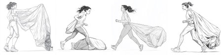 vector Line art illustration of a cheerful woman in profile pulling a large flowing fabric, appearing as if preparing to carry or cover something. Dynamic and graceful pose.のイラスト素材