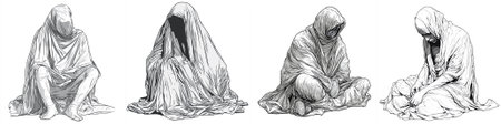 vector A series of lineart illustrations depicting shrouded human figures seated in introspective poses, draped in flowing cloth with a ghostly, contemplative atmosphere.のイラスト素材
