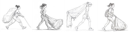 Elegant profile illustrations of women walking while dragging large cloth bundles, suggesting themes of burden, journey, strength, and persistence in line art form.のイラスト素材