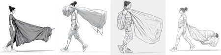 vector Profile of a woman dressed in a trench coat, walking confidently with a large fabric draped like a cape, flowing behind. Stylish and empowering design.のイラスト素材