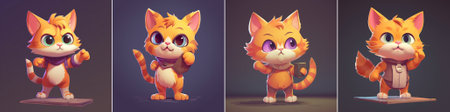 Vector cute orange cartoon cat with big eyes holding a blank sign, dressed in a scarf, standing confidently, perfect for kids or mobile games concept art.のイラスト素材