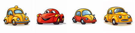 vector Adorable cartoon cars with big expressive eyes and cheerful smiles roll in, styled with playful colors and kid-friendly shapes perfect for children's content.のイラスト素材