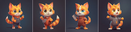 Vector stylized orange tabby cartoon cat holding a nameplate, standing proud with large eyes, cute expression, and a fantasy character vibe for games or stories.のイラスト素材