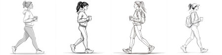 vector Profile line art of a well-groomed woman walking with a coffee cup, wearing athletic attire and exuding casual confidence, simplicity, and daily energy.のイラスト素材