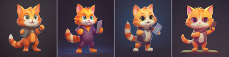Vector charming cartoon-style orange cat character with a blank board in hand, large eyes and stylized fur, ideal for 2D games, books, or apps for kidsのイラスト素材