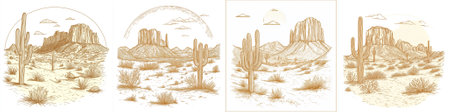 Set of desert landscapes in engraving style. Vector illustration.のイラスト素材