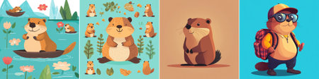 Set of cute cartoon beavers. Vector illustration in flat style.のイラスト素材