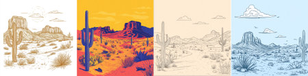 Set of desert landscapes with cactuses and mountains. Vector illustrationのイラスト素材