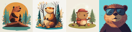 Set of vector illustrations of cartoon bears in the forest. Bear, bear, beaver, bear, bear, panda, bear, beaver, beaver.のイラスト素材