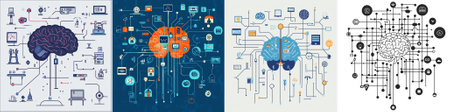 vector A colorful digital brain interface is connected to various icons symbolizing AI, data, and devices, representing interconnected systems and machine learning operations.のイラスト素材