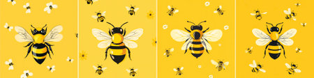Cute and playful bee-themed wallpaper with large central bees surrounded by smaller bees and flowers on a bright, cheerful yellow backgroundのイラスト素材