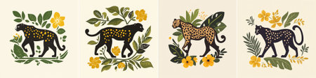 Silhouette-style illustration of a black panther walking among tropical foliage and yellow flowers, rendered in a bold, flat vector art styleのイラスト素材