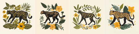 Artistic vector design of a cheetah surrounded by vibrant tropical plants and golden flowers, highlighting elegance and strength in the wild.のイラスト素材