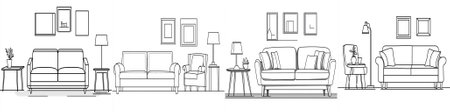 vector Clean line drawings of modern living rooms with sofas, armchairs, side tables, and lamps, representing cozy interior designs in minimalist black and white style.のイラスト素材
