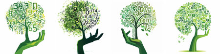 Vector: A digital concept showing trees made of numbers held by hands, symbolizing data growth, analytics, and the digital transformation of nature.のイラスト素材
