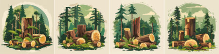 Vector â Deforestation Concept with Tree Stumps Illustration showing felled trees and stumps in a forest, symbolizing deforestation, habitat loss, and environmental degradation.のイラスト素材