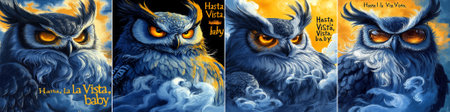 vector Intense owls with glowing eyes and steam effects deliver a fierce âHasta la Vista, babyâ homage, blending nature with cinematic terminator flair.のイラスト素材
