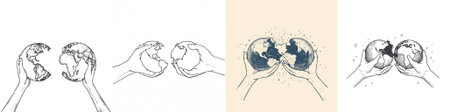 vector Two hands, drawn in a continuous minimalist line style, appear in a moment of fracturing...