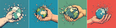 vector A simple cartoon illustration featuring a hand squeezing the Earth, combining playful imagery with subtle social commentary and a vibrant, accessible visual style promoting global awareness.のイラスト素材