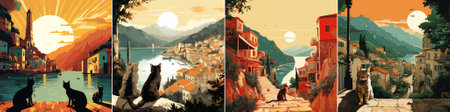 ector A radiant golden sun illuminates quaint village rooftops and cats gazing over the water, as the day ends in a cozy, postcard-perfect moment.のイラスト素材